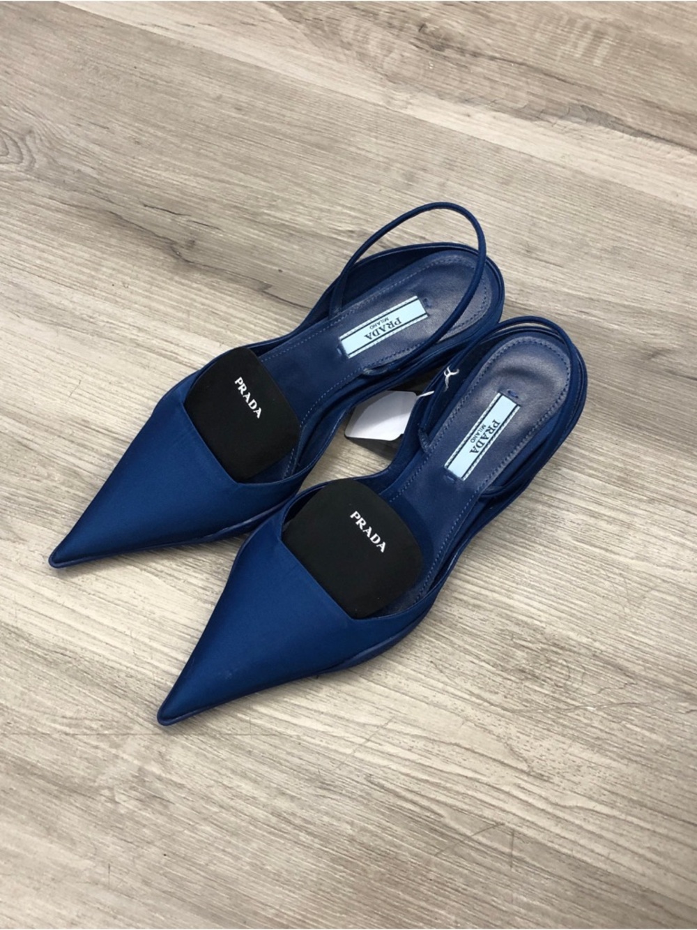 Prada Blue Satin Pointed Slingback Mules